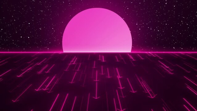 Retro Land Animation With Neon Arrow Direction Symbol And Sun. 80's Synth Wave Style Retro Background, Futuristic Retro Land Loop Animation Video. Futuristic Wire Frame Grid Background Retro Sifi, Sun