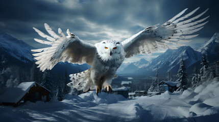 Snowy owl with wings spread in the winter forest. Snowy owl flying in the sky. (Bubo scandiacus)	