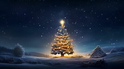 Fantastic winter landscape with christmas tree. 3D rendering. Christmas background with christmas tree, snow and stars. Beautiful christmas night.