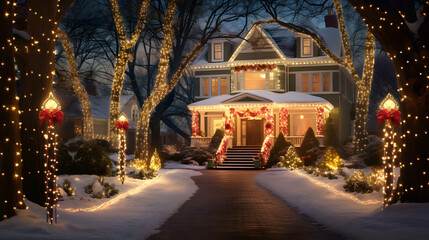 Naklejka premium Outdoor Christmas Lights. Christmas night lights decorating house. Beautiful Christmas and New Year houses in the village at night.