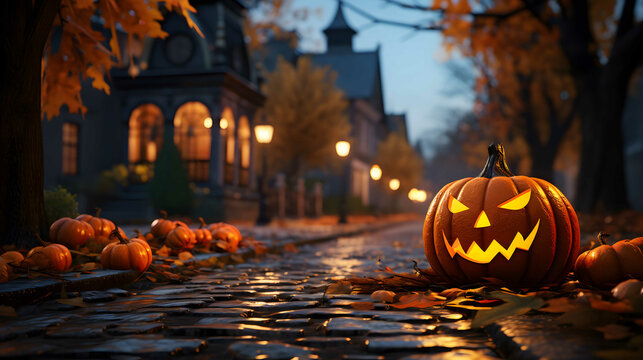 Glowing Jack O Lantern Halloween pumpkin decorations at dusk outside on a suburban street pavement.