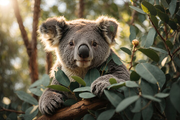 Fototapeta premium Adorable Koala on eucalyptus tree. ai generative