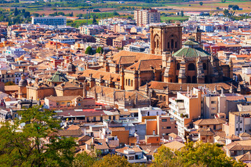 Granada Cathedral city aerial panoramic view in Spain - obrazy, fototapety, plakaty