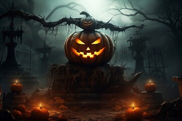 Halloween with pumpkin ghosts and a haunted house with a moon background, very scary, generative ai