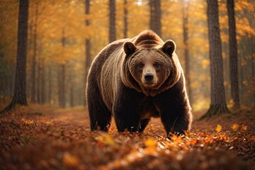 Frontal view of a bear in the autumn forest sunlight. ai generative