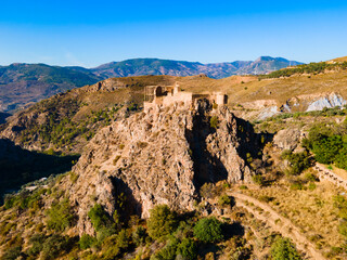 Lanjaron Castle aerial panoramic view in Alpujarras, Spain