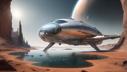 Spaceship on Mars like planet. Highly detailed and realistic concept design illustration
