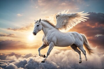 Obraz na płótnie Canvas Majestic white Pegasus horse flying high above the clouds. ai generative