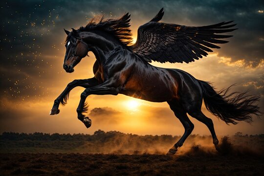 Majestic black horse with wings flying in the sky. ai generative