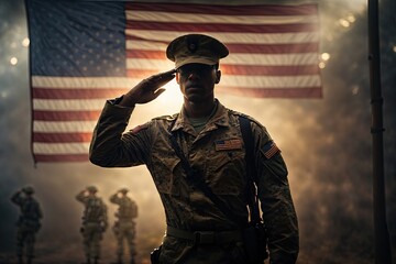 Silhouette of a saluting soldier with USA flag fog. ai generative