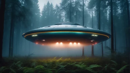 Foto op Plexiglas Flying saucer in the middle of a forest. Photorealistic high resolution concept design of an alien spacecraft © RobinsonIcious