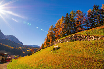 A beautiful autumn landscape of the Dolomite Alps in Val Gardena, Italy. Hillside with yellowed larches, stone wall and wooden bench