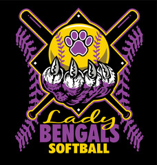 lady bengals softball team diamond design with claw holding ball for school, college or league sports