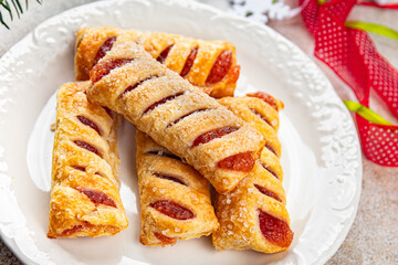 christmas cookies sweet dessert puff bun strawberry filler holiday treat new year and christmas celebration meal food snack on the table