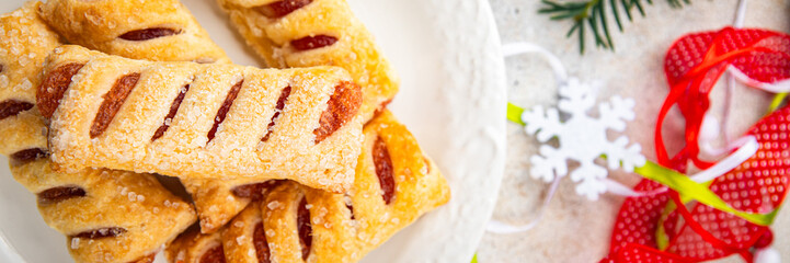 christmas cookies sweet dessert puff bun strawberry filler holiday treat new year and christmas celebration meal food snack on the table