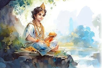Obraz na płótnie Canvas krishna janmashtami white background and empty space for text, watercolor style, generative ai