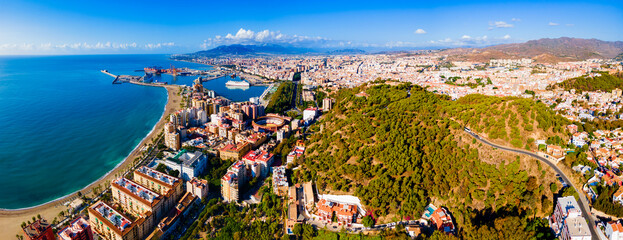 Malaga city aerial panoramic view in Andalusia, Spain