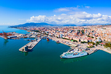 Fototapeta na wymiar Malaga city port aerial panoramic view in Andalusia
