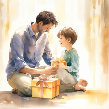 a child is giving a gift box to his father, watercolor style, generative ai