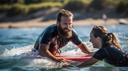 Man is teaching a young woman to surf