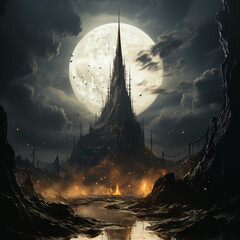 evil tall castle surrounded by fire on a full moon