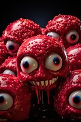 eyeball apples: An image of apples coated with bright red icing and added candy eyeballs