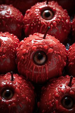 eyeball apples: An image of apples coated with bright red icing and added candy eyeballs