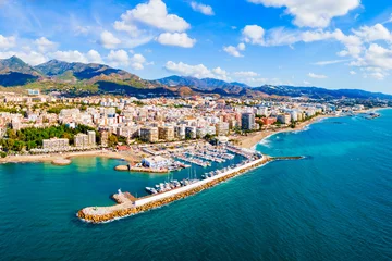Papier Peint photo Vert bleu Marbella city port and beach aerial panoramic view