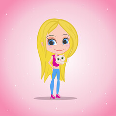 Pink cute girl with kitty, girl design, cover, illustration, 