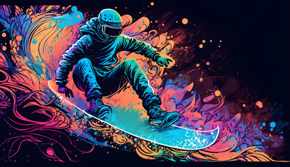 Colorful snoboard descending a rainbow. Created by AI