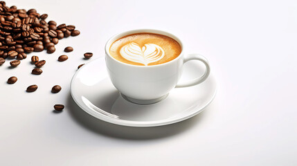 Obraz premium A cup of coffee on a saucer stands on a table, coffee beans are scattered on the table.