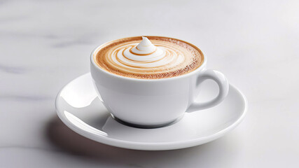 A cup of coffee on a saucer stands on a table.