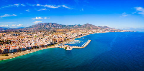 Fuengirola city beach and port aerial panoramic view