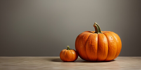 Close-up ripe orange pumpkins banner on warm colored background with copy space. Autumn, Halloween and Thanksgiving holiday decoration. Creative design for advertising, social media, website, print
