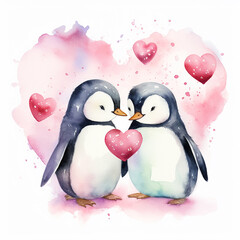 Cute Penguins Watercolor Lovers For