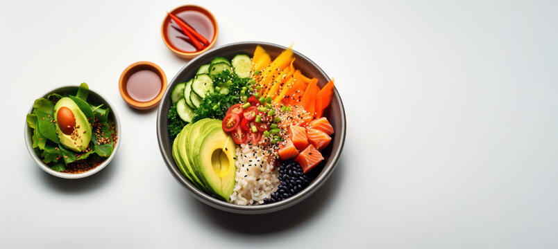 Healthy Poke Bowl Salad Meal Of Salmon, Avocado, Cucumber, Tomato, Beans And Rice On White Background