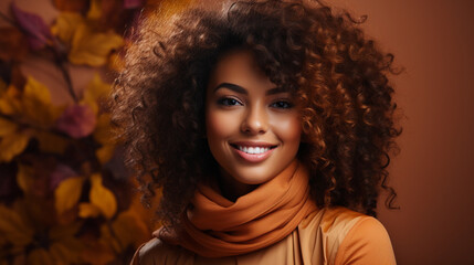 Young gorgeous smiling brunette with orange colors, Autumn background