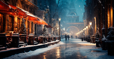 Fototapeta premium Night snowy Christmas Italy, New Year holiday, blurred background - AI generated image