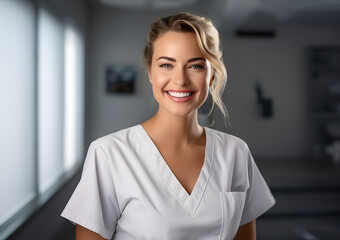 Blonde woman in white scrubs, smiling with confidence, embodies the professionalism and care of a healthcare worker.
