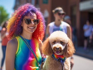 Junge Frau mit ihrem Pudel in Regenbogen-T-Shirt und bunten Haaren
