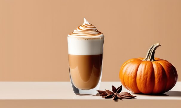 A fall drink pumpkin latte stands on a table next to pumpkin and cinnamon on a beige background