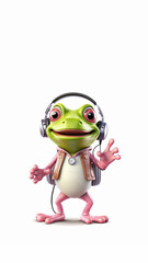 Little 3d FROG character listen to the music with headphones