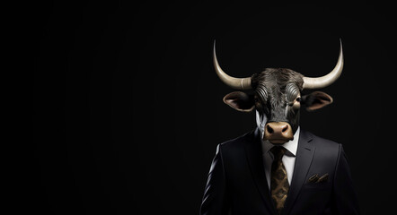 Portrait of a Bull of the Stock Market in Business Suit on Black Background - obrazy, fototapety, plakaty