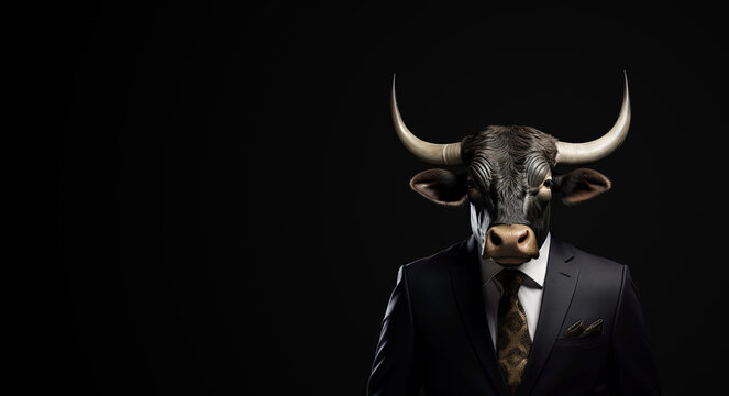 Portrait of a Bull of the Stock Market in Business Suit on Black Background