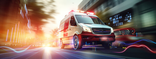 quick response medical ambulance vehicle or truck speeding on the way for accident or health care emergency services concepts as wide banner with infographic information