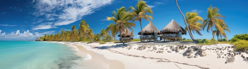Foto op Canvas tropical beach paradise unfolds in all its splendor, panorama, clear blue waters, teeming coral reefs, and pristine sands create a harmonious blend, with palm trees and beach huts adding to the charm. © DigitalArt