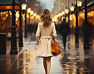 a beautiful model woman walking with shopping bags buying clothes in stores on a paris street in...