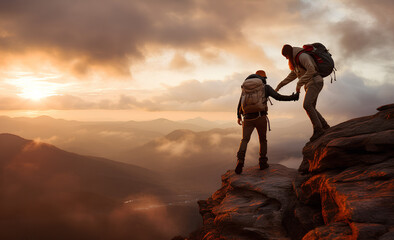 People helping each other hike up a mountain at sunrise. Giving a helping hand, and active fit lifestyle concept.Asia couple hiking help each other. - obrazy, fototapety, plakaty