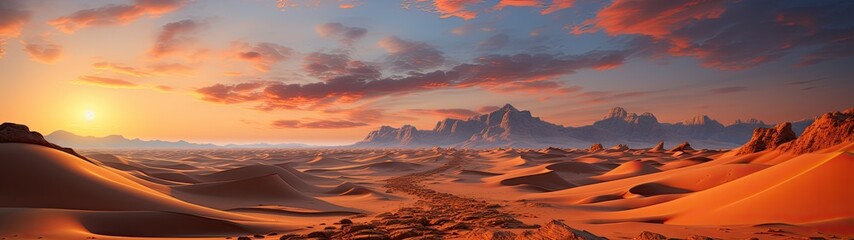 Naklejka premium vast desert landscape morning sun, sand dunes, panoramic view, winding path cuts through the desert distant rugged mountains, dramatic sky with scattered clouds illuminated by the setting sun.