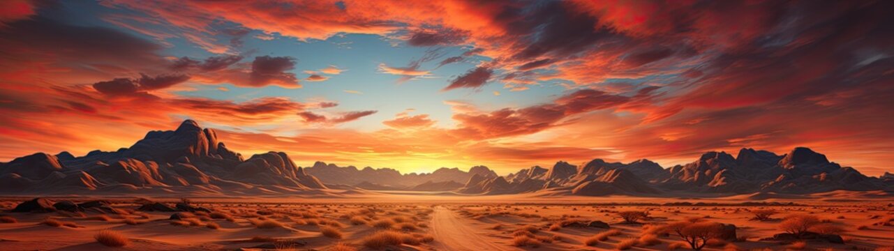 A stunning, ultra-wide panoramic photograph of a vast desert landscape at sunrise, with golden sand dunes stretching out into the distance, and the sky awash in a warm, orange glow.